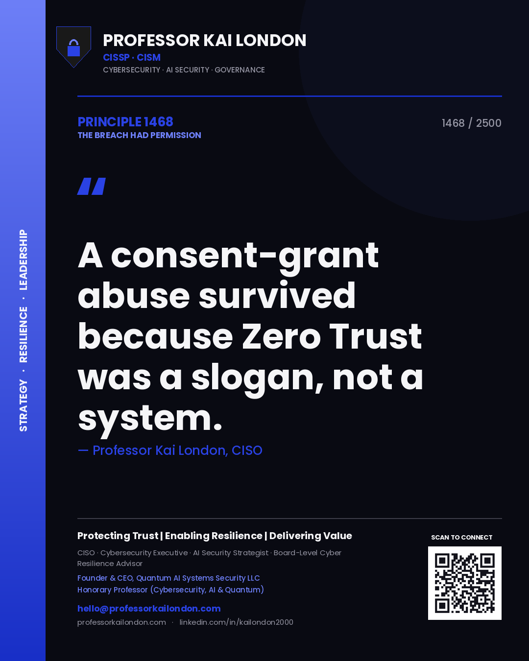 Quote card by Professor Kai London reading 'A consent-grant abuse survived because Zero Trust was a slogan, not a system.'. From the book The Breach Had Permission.