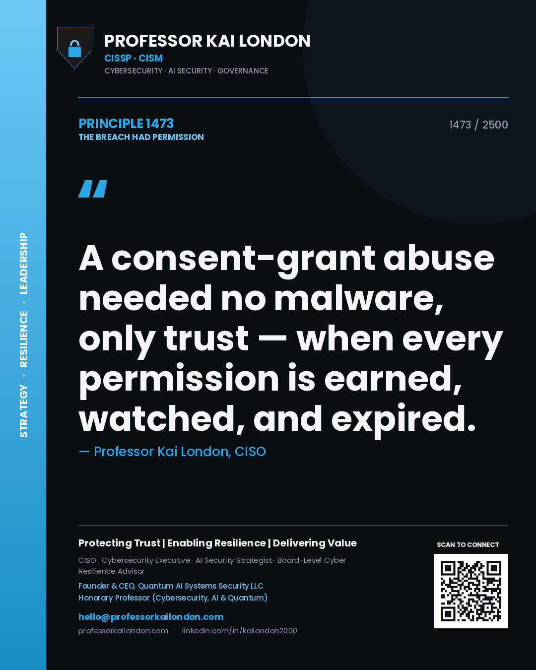 Quote card by Professor Kai London reading 'A consent-grant abuse needed no malware, only trust — when every permission is earned, watched, and expired.'. From the book The Breach Had Permission.