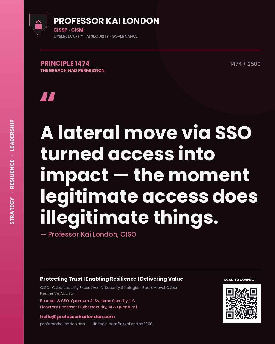Professor Kai London principle 1474: A lateral move via SSO turned access into impact — the moment legitimate access does illegitimate things.