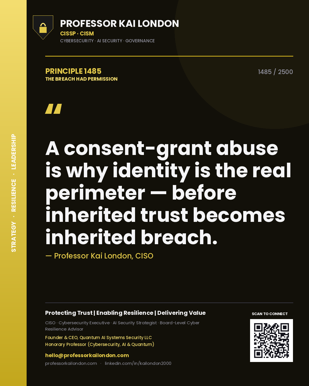 Quote card by Professor Kai London reading 'A consent-grant abuse is why identity is the real perimeter — before inherited trust becomes inherited breach.'. From the book The Breach Had Permission.