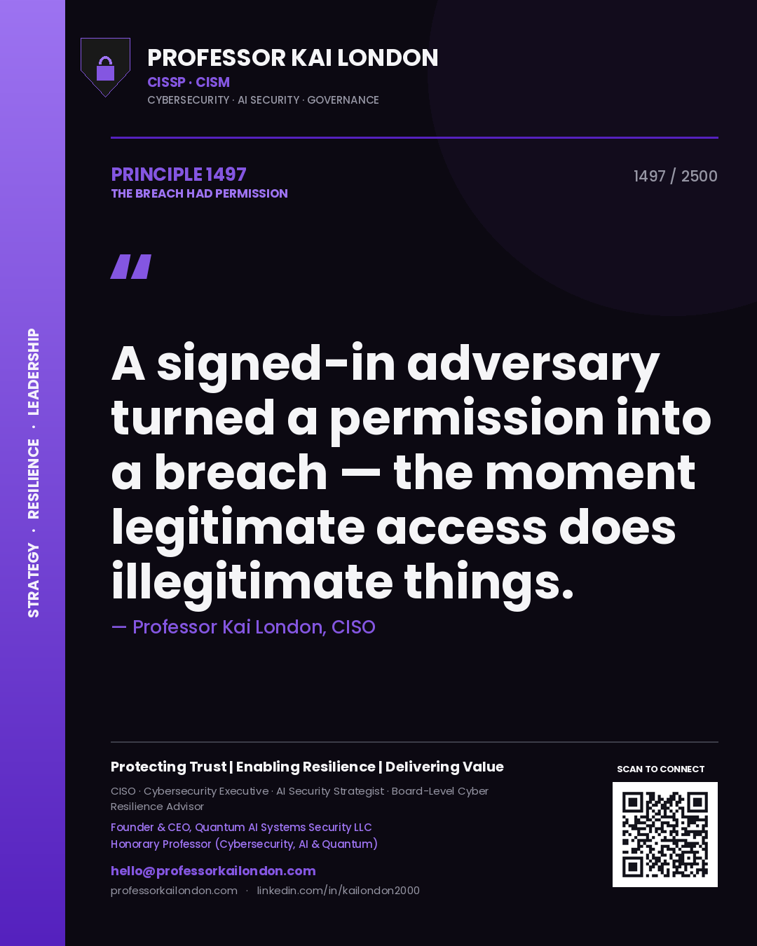 Quote card by Professor Kai London reading 'A signed-in adversary turned a permission into a breach — the moment legitimate access does illegitimate things.'. From the book The Breach Had Permission.