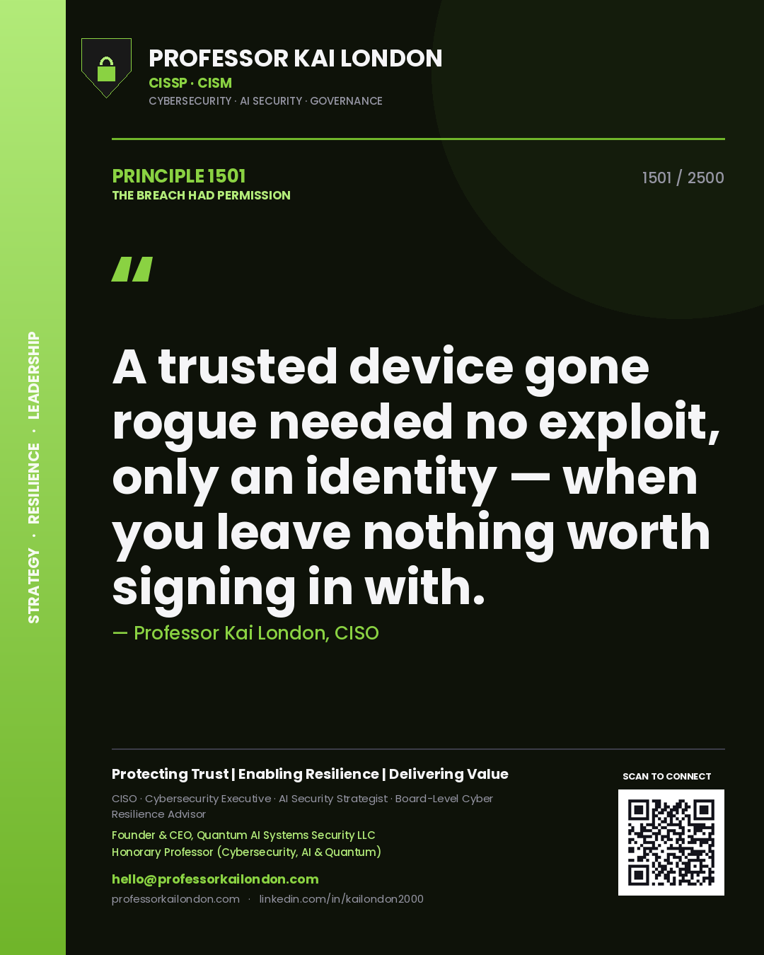 Quote card by Professor Kai London reading 'A trusted device gone rogue needed no exploit, only an identity — when you leave nothing worth signing in with.'. From the book The Breach Had Permission.