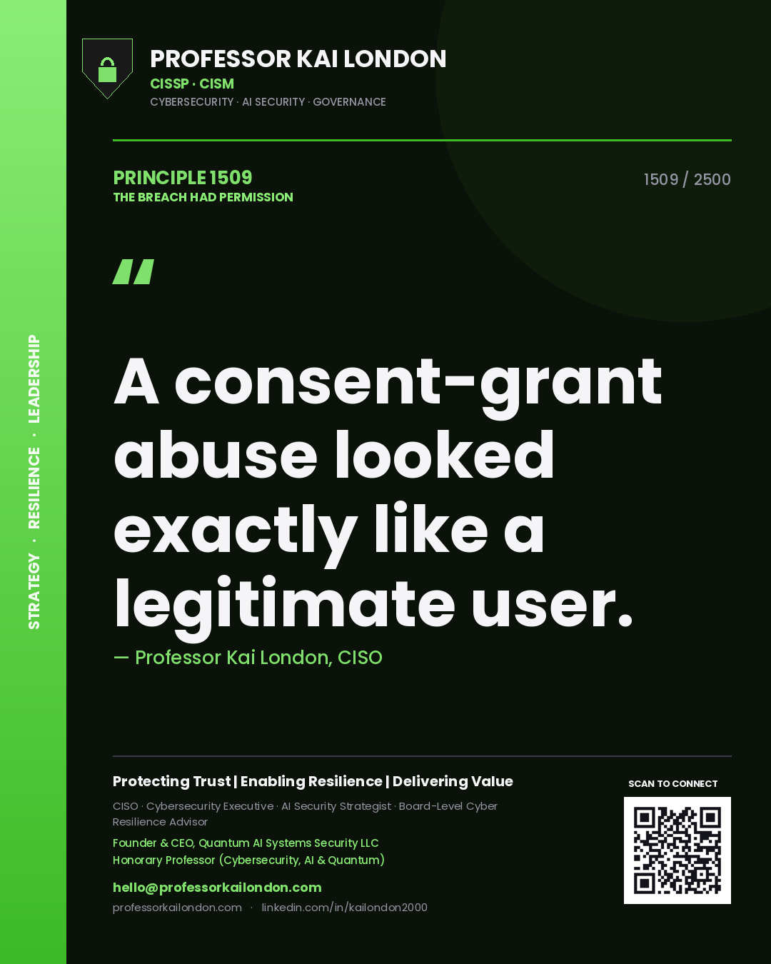 Quote card by Professor Kai London reading 'A consent-grant abuse looked exactly like a legitimate user.'. From the book The Breach Had Permission.