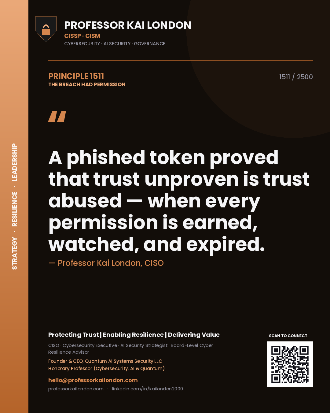 Quote card by Professor Kai London reading 'A phished token proved that trust unproven is trust abused — when every permission is earned, watched, and expired.'. From the book The Breach Had Permission.