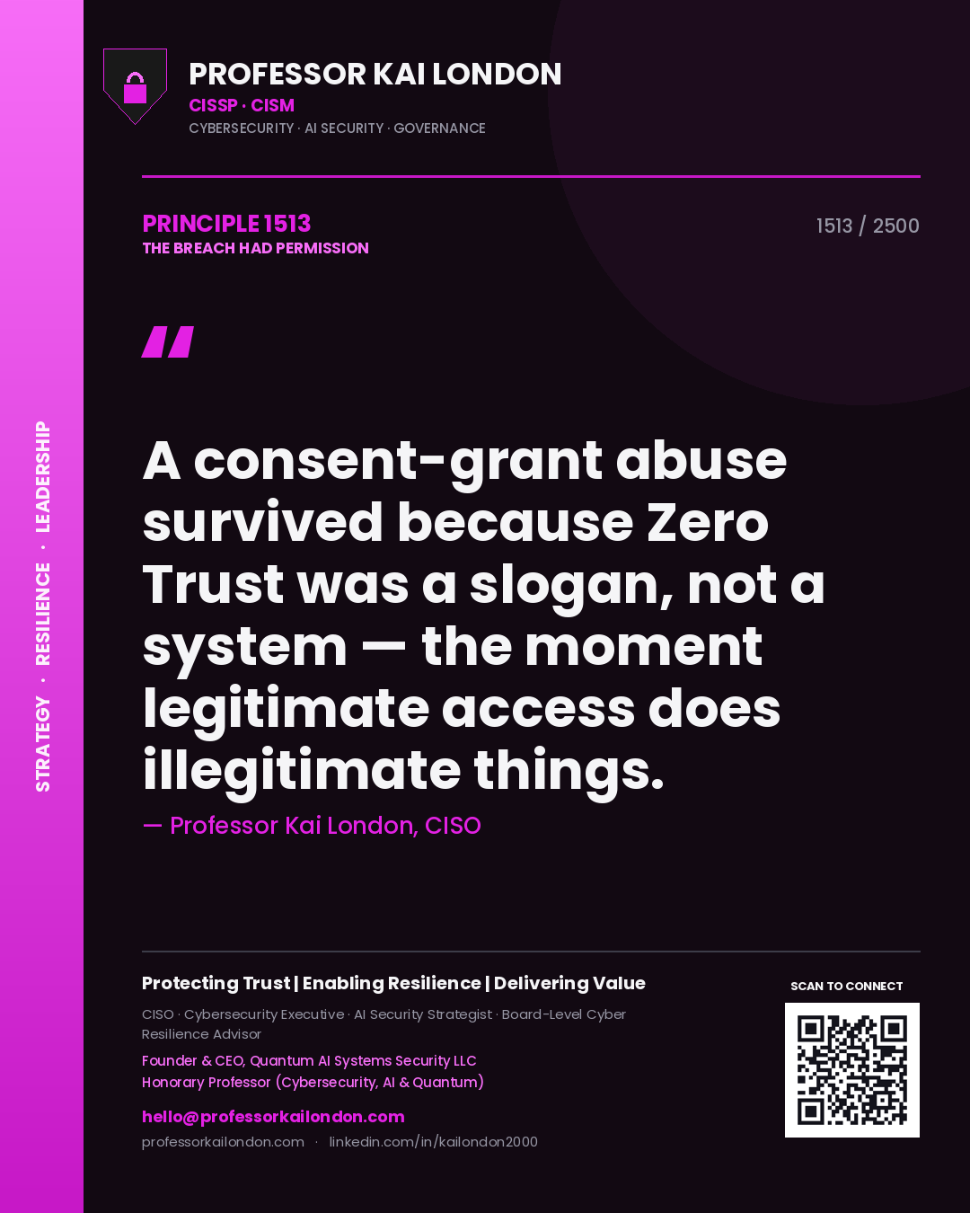 Professor Kai London principle 1513: A consent-grant abuse survived because Zero Trust was a slogan, not a system — the moment legitimate access does illegitimate things.