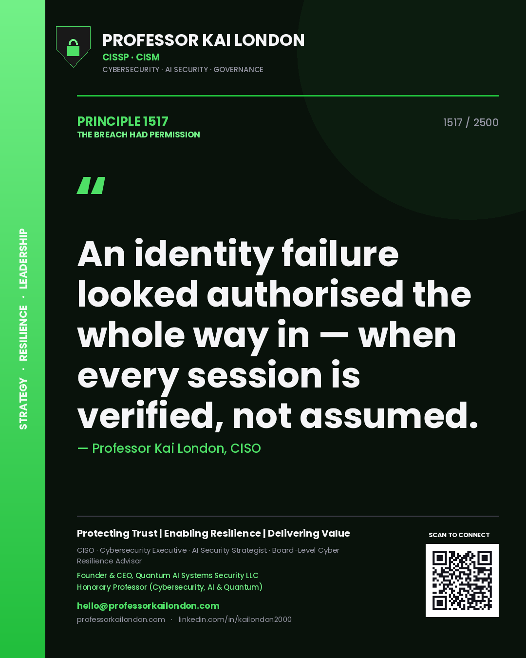 Quote card by Professor Kai London reading 'An identity failure looked authorised the whole way in — when every session is verified, not assumed.'. From the book The Breach Had Permission.
