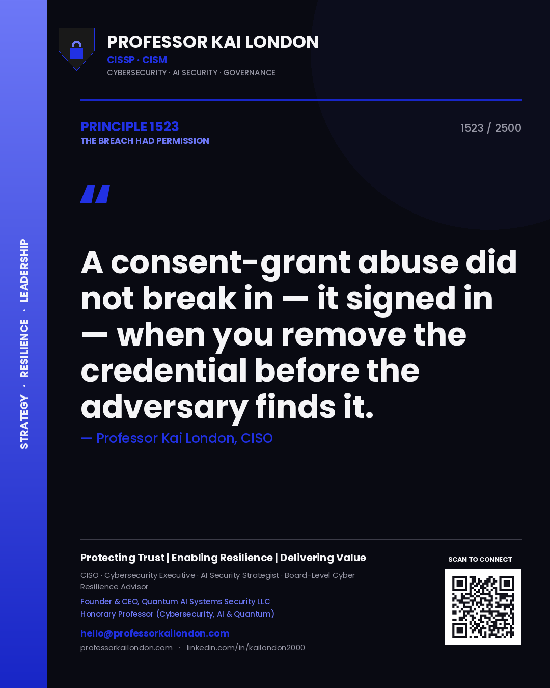 Professor Kai London principle 1523: A consent-grant abuse did not break in — it signed in — when you remove the credential before the adversary finds it.