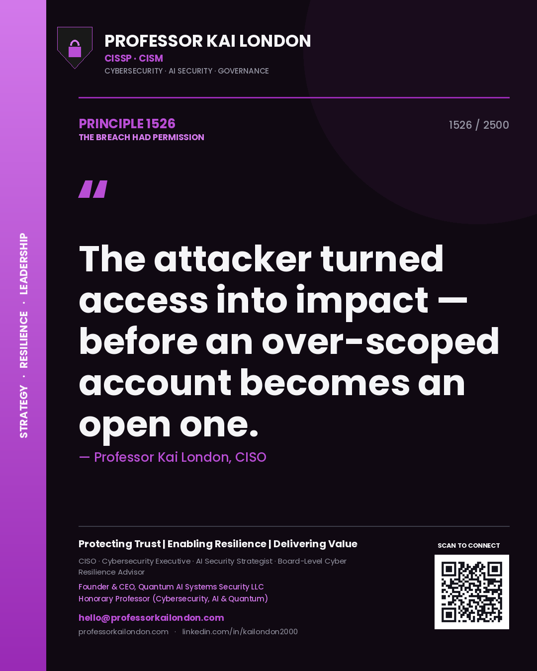 Quote card by Professor Kai London reading 'The attacker turned access into impact — before an over-scoped account becomes an open one.'. From the book The Breach Had Permission.