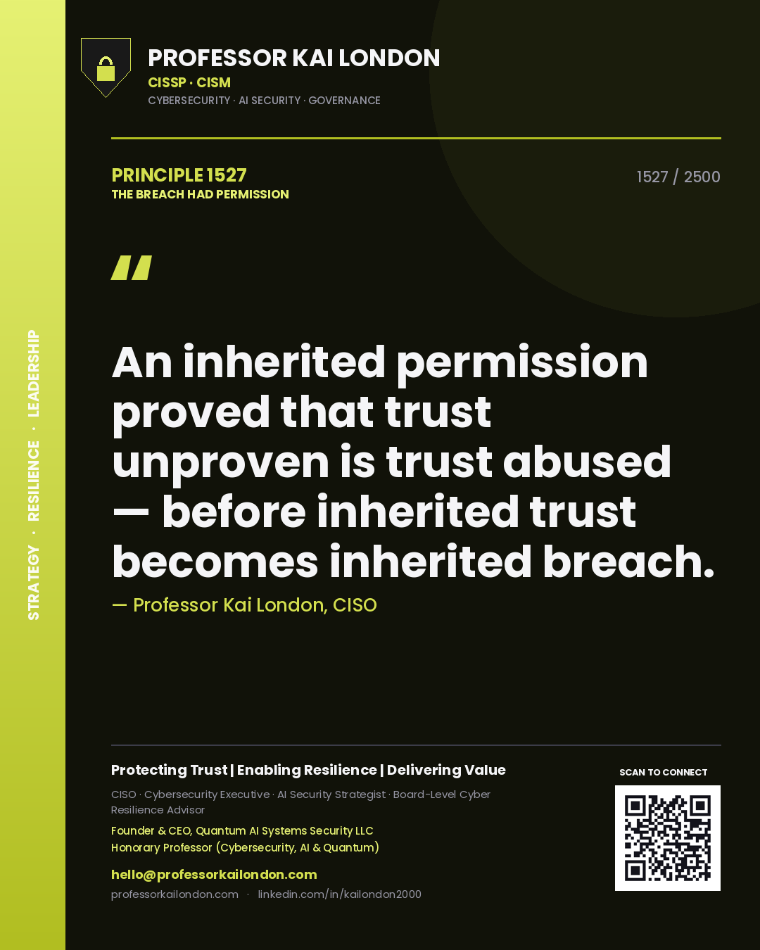 Quote card by Professor Kai London reading 'An inherited permission proved that trust unproven is trust abused — before inherited trust becomes inherited breach.'. From the book The Breach Had Permission.
