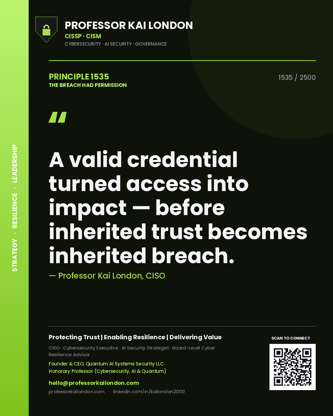 Quote card by Professor Kai London reading 'A valid credential turned access into impact — before inherited trust becomes inherited breach.'. From the book The Breach Had Permission.