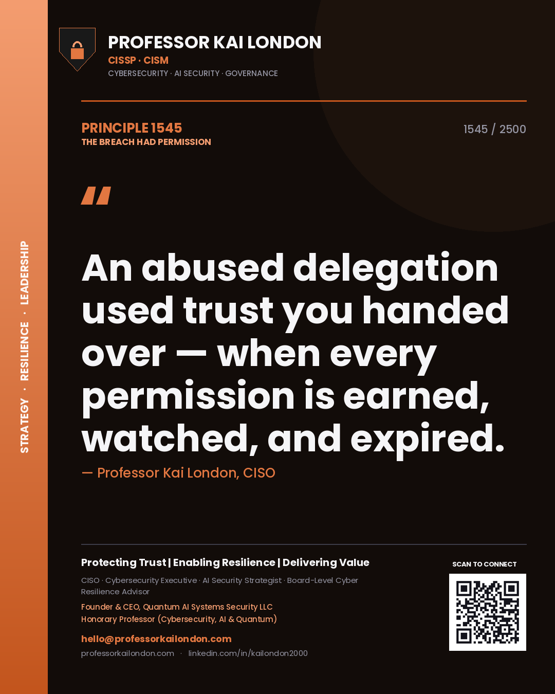 Quote card by Professor Kai London reading 'An abused delegation used trust you handed over — when every permission is earned, watched, and expired.'. From the book The Breach Had Permission.