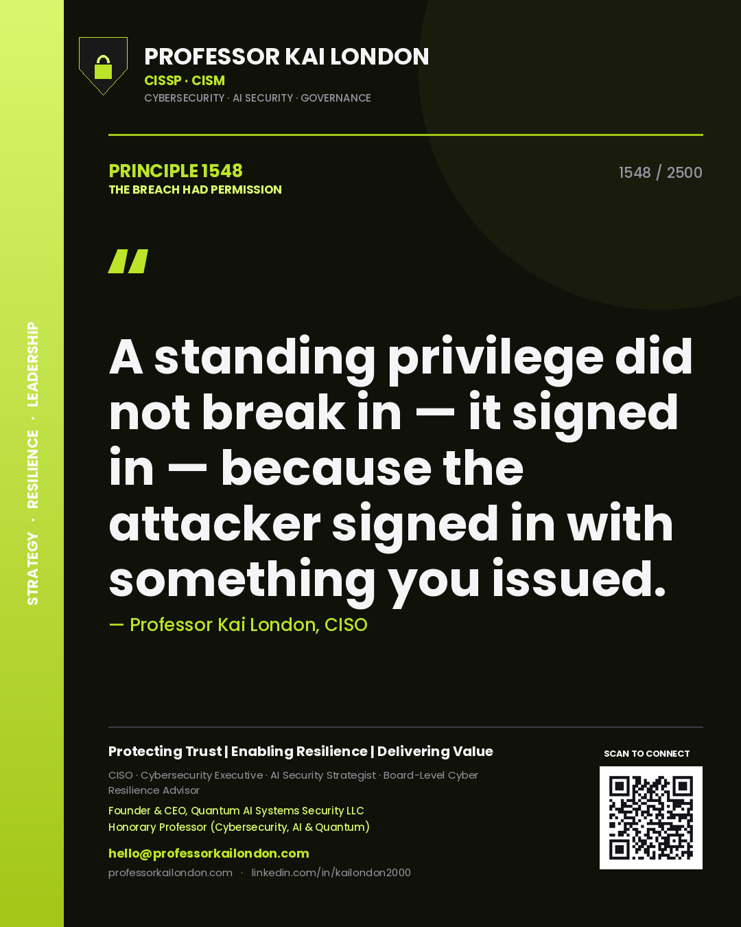 Professor Kai London principle 1548: A standing privilege did not break in — it signed in — because the attacker signed in with something you issued.