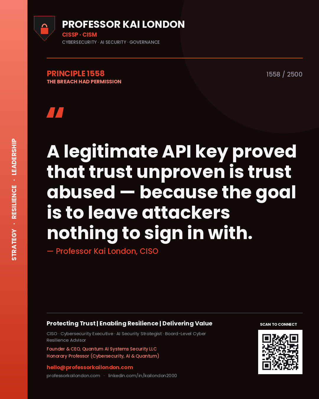 Quote card by Professor Kai London reading 'A legitimate API key proved that trust unproven is trust abused — because the goal is to leave attackers nothing to sign in with.'. From the book The Breach Had Permission.