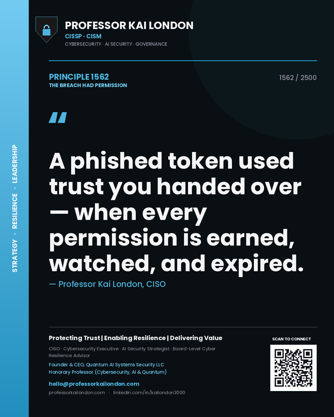 Quote card by Professor Kai London reading 'A phished token used trust you handed over — when every permission is earned, watched, and expired.'. From the book The Breach Had Permission.