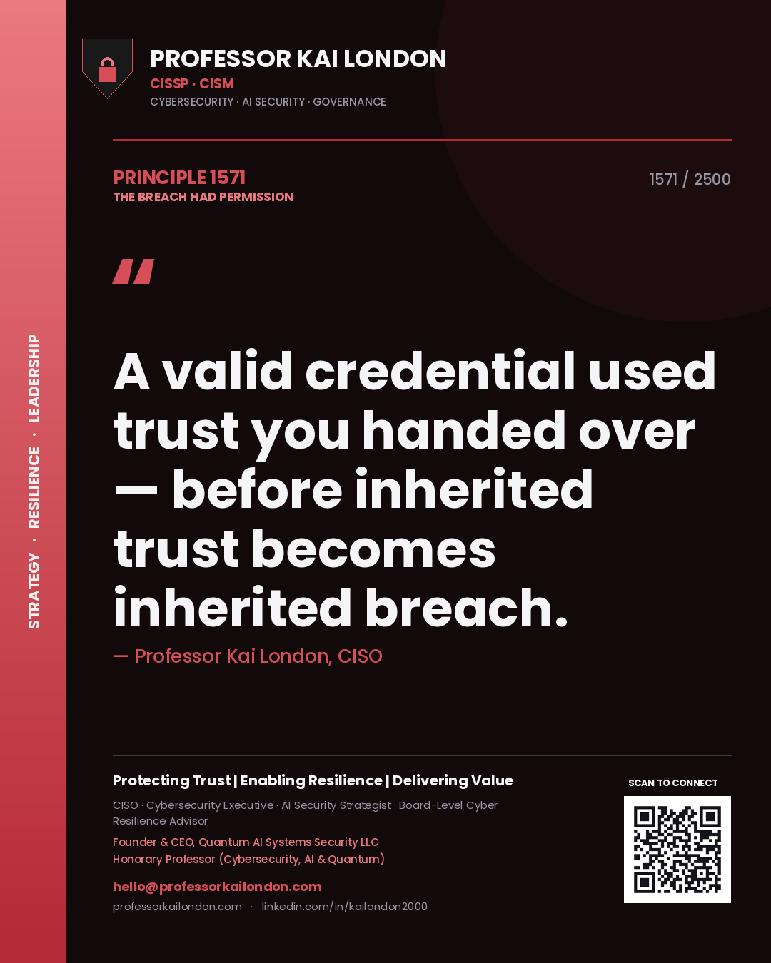 Quote card by Professor Kai London reading 'A valid credential used trust you handed over — before inherited trust becomes inherited breach.'. From the book The Breach Had Permission.