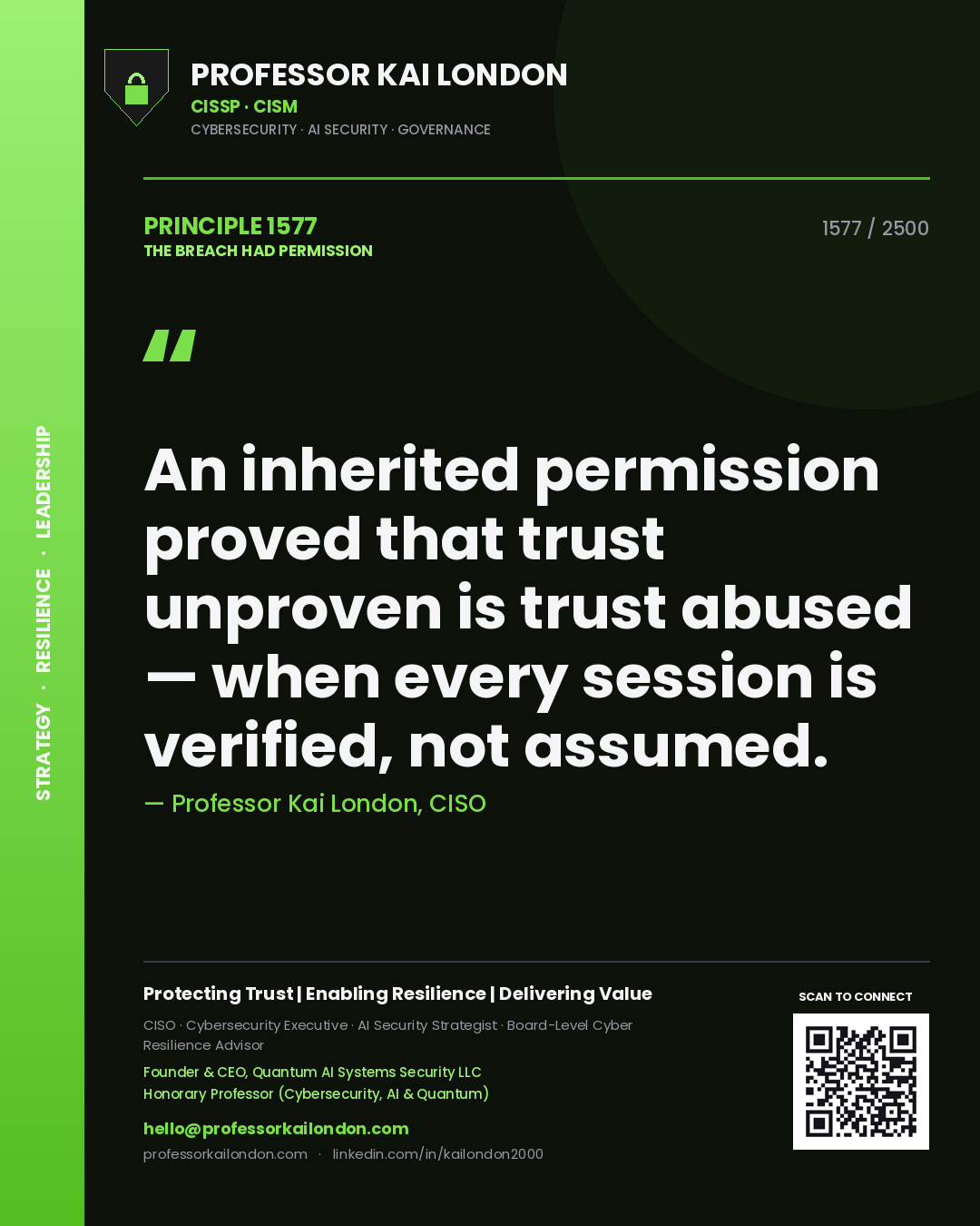 Professor Kai London principle 1577: An inherited permission proved that trust unproven is trust abused — when every session is verified, not assumed.