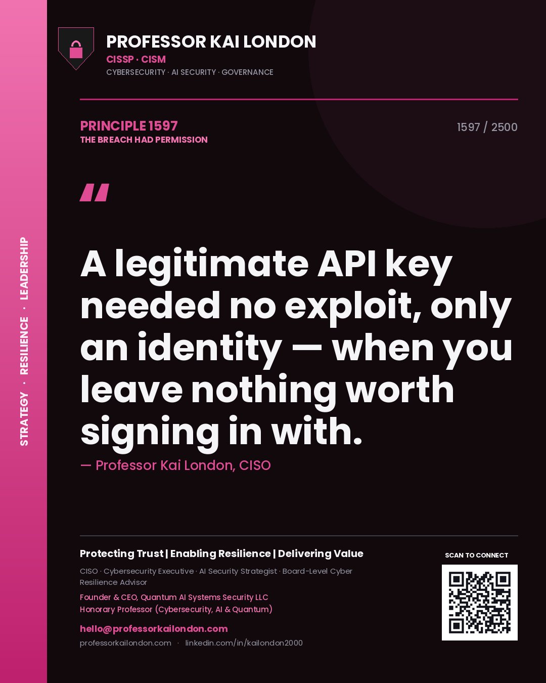 Quote card by Professor Kai London reading 'A legitimate API key needed no exploit, only an identity — when you leave nothing worth signing in with.'. From the book The Breach Had Permission.