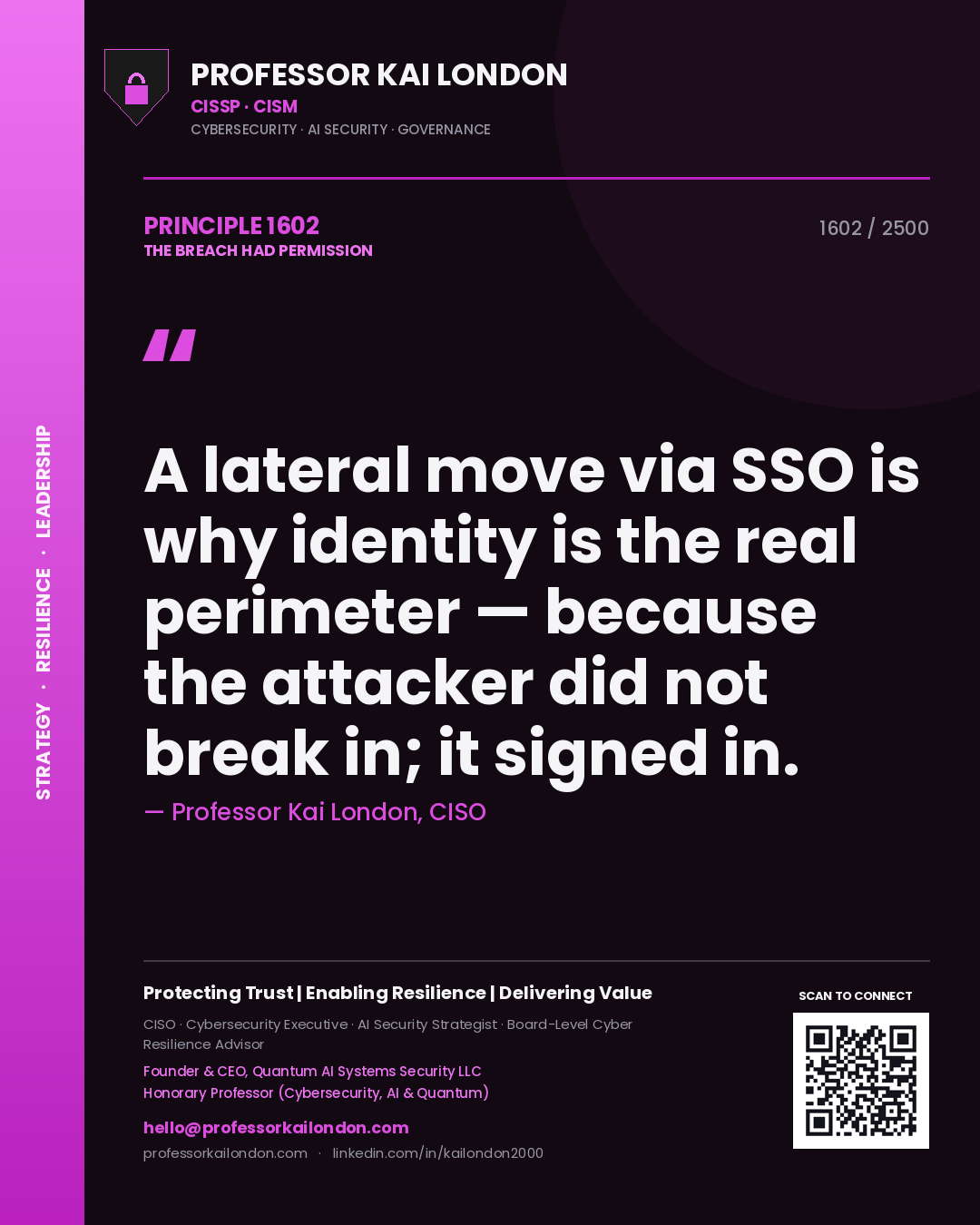 Quote card by Professor Kai London reading 'A lateral move via SSO is why identity is the real perimeter — because the attacker did not break in; it signed in.'. From the book The Breach Had Permission.