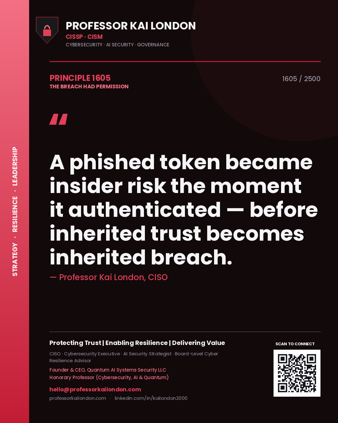 Quote card by Professor Kai London reading 'A phished token became insider risk the moment it authenticated — before inherited trust becomes inherited breach.'. From the book The Breach Had Permission.