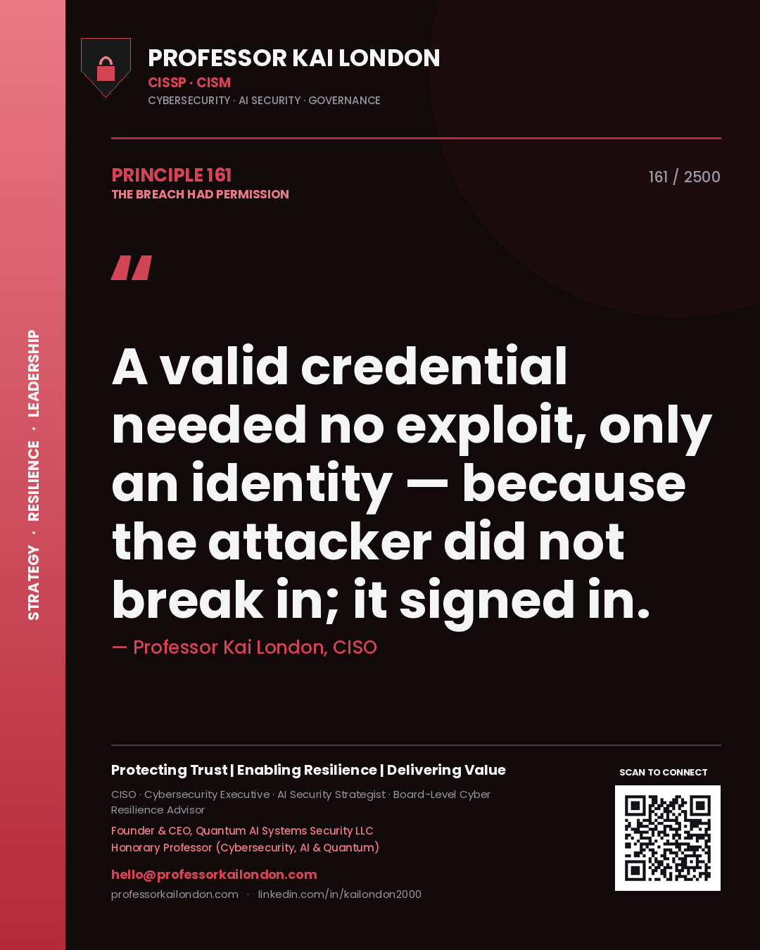 Quote card by Professor Kai London reading 'A valid credential needed no exploit, only an identity — because the attacker did not break in; it signed in.'. From the book The Breach Had Permission.