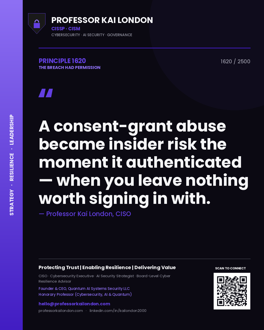 Quote card by Professor Kai London reading 'A consent-grant abuse became insider risk the moment it authenticated — when you leave nothing worth signing in with.'. From the book The Breach Had Permission.