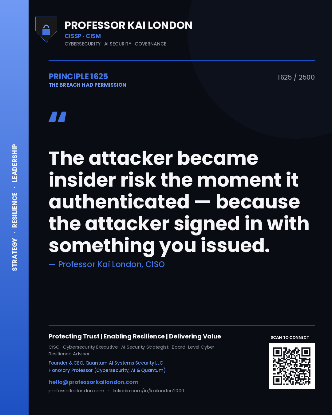 Quote card by Professor Kai London reading 'The attacker became insider risk the moment it authenticated — because the attacker signed in with something you issued.'. From the book The Breach Had Permission.