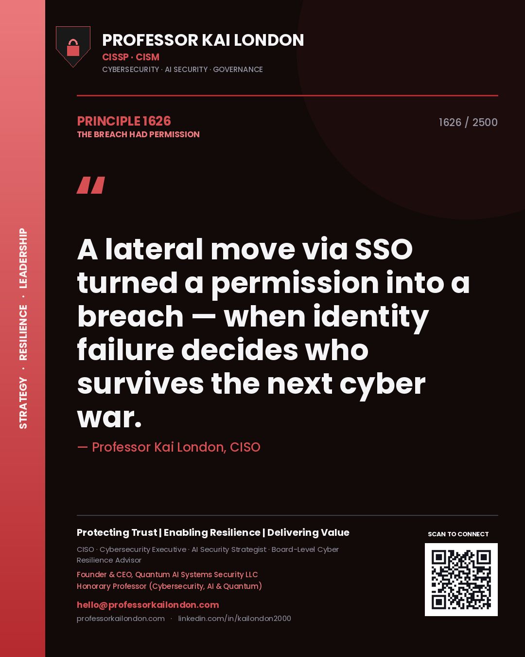 Quote card by Professor Kai London reading 'A lateral move via SSO turned a permission into a breach — when identity failure decides who survives the next cyber war.'. From the book The Breach Had Permission.