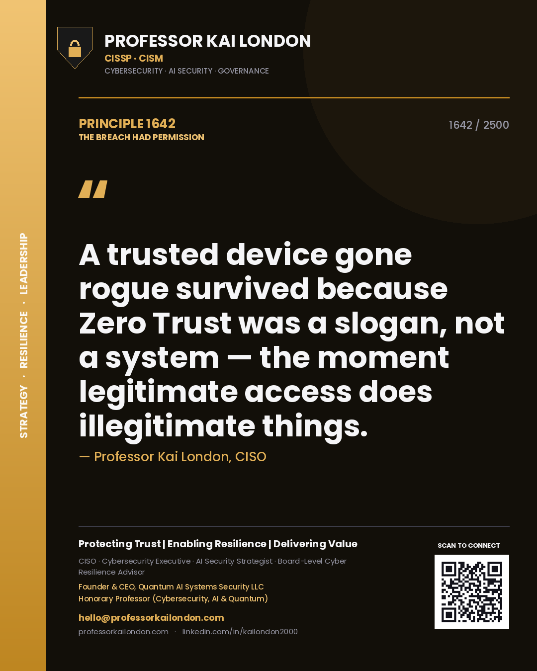Quote card by Professor Kai London reading 'A trusted device gone rogue survived because Zero Trust was a slogan, not a system — the moment legitimate access does illegitimate things.'. From the book The Breach Had Permission.