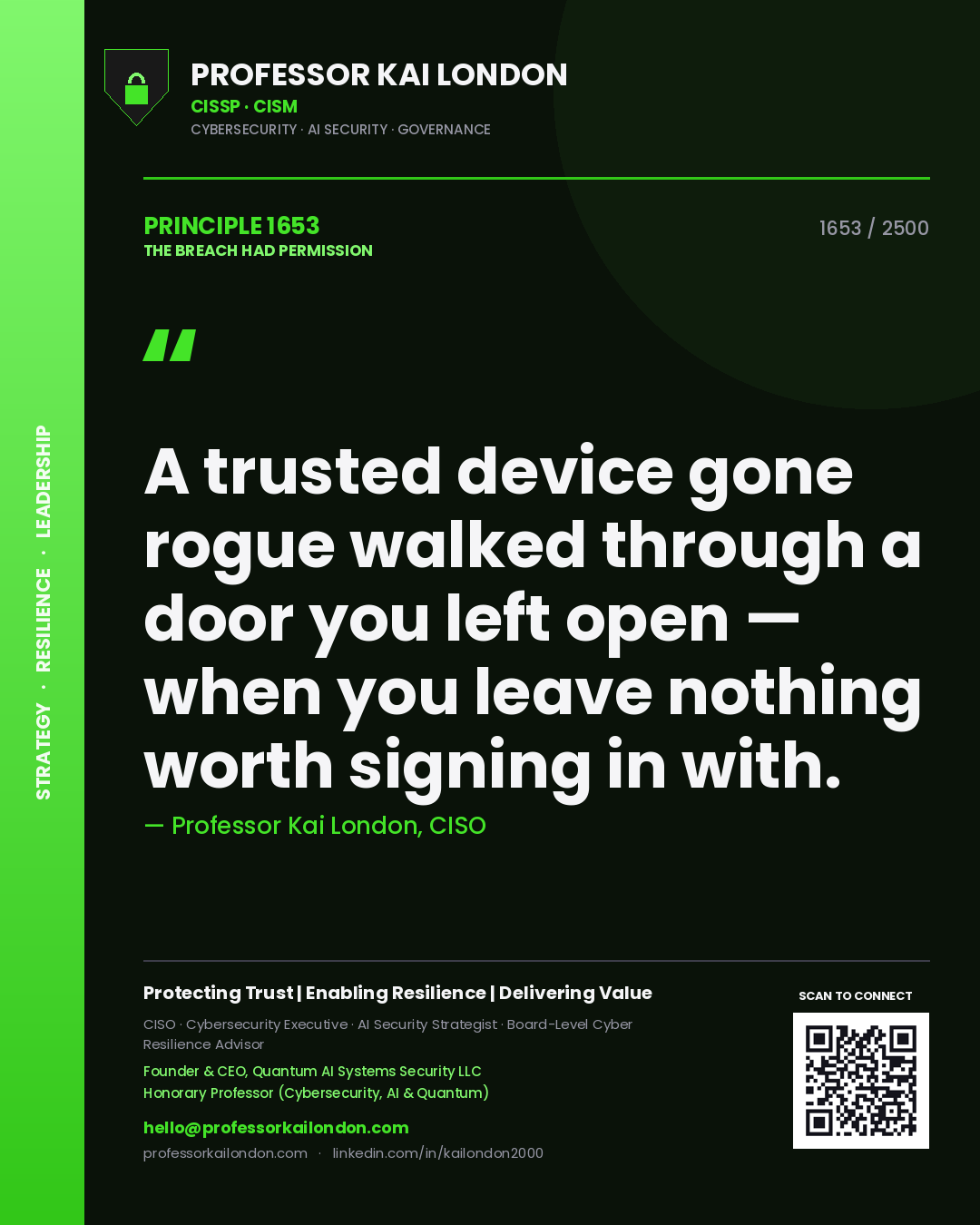 Quote card by Professor Kai London reading 'A trusted device gone rogue walked through a door you left open — when you leave nothing worth signing in with.'. From the book The Breach Had Permission.
