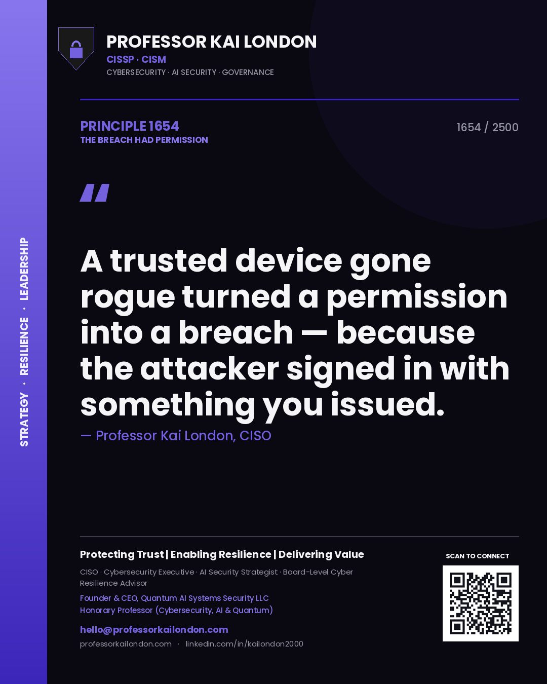 Quote card by Professor Kai London reading 'A trusted device gone rogue turned a permission into a breach — because the attacker signed in with something you issued.'. From the book The Breach Had Permission.