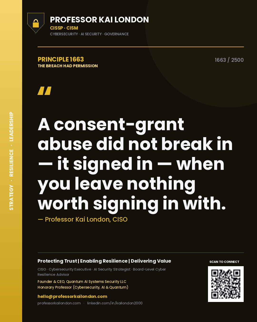 Quote card by Professor Kai London reading 'A consent-grant abuse did not break in — it signed in — when you leave nothing worth signing in with.'. From the book The Breach Had Permission.