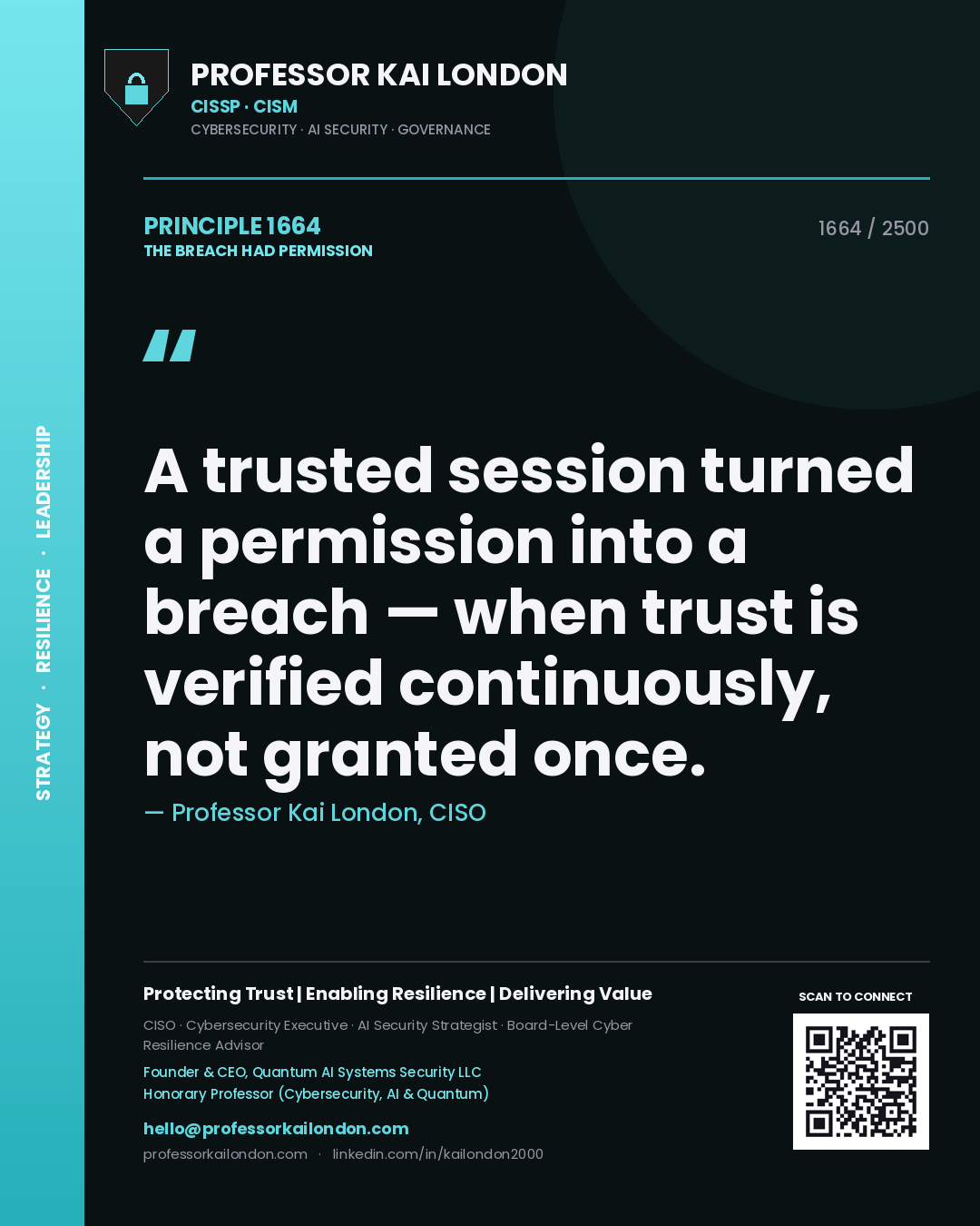 Quote card by Professor Kai London reading 'A trusted session turned a permission into a breach — when trust is verified continuously, not granted once.'. From the book The Breach Had Permission.
