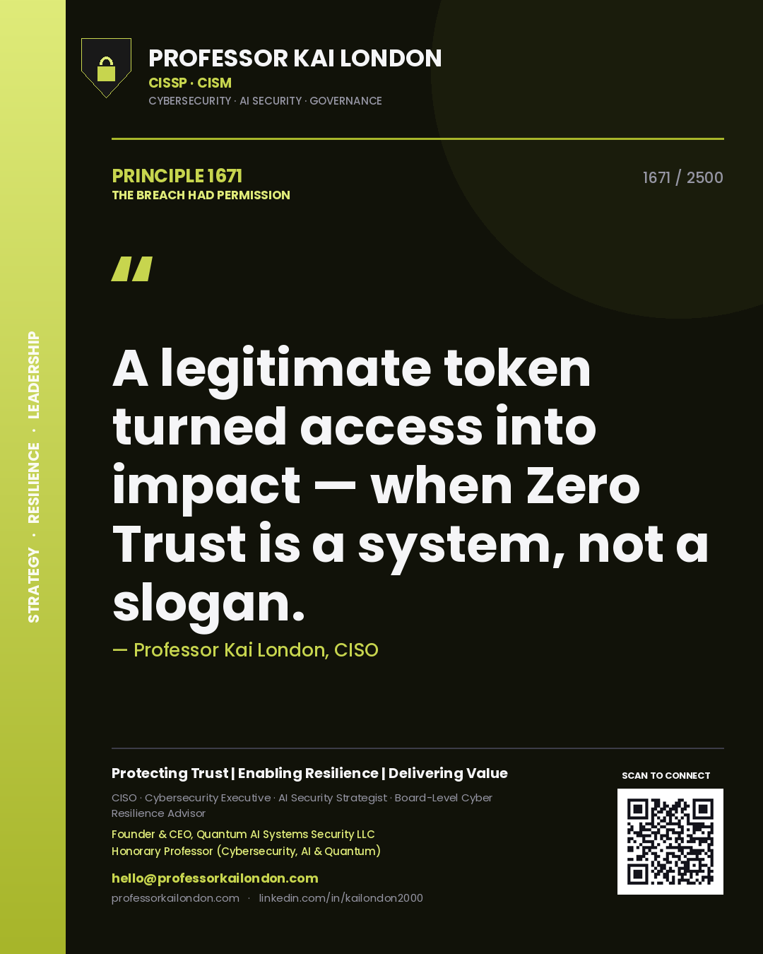 Quote card by Professor Kai London reading 'A legitimate token turned access into impact — when Zero Trust is a system, not a slogan.'. From the book The Breach Had Permission.