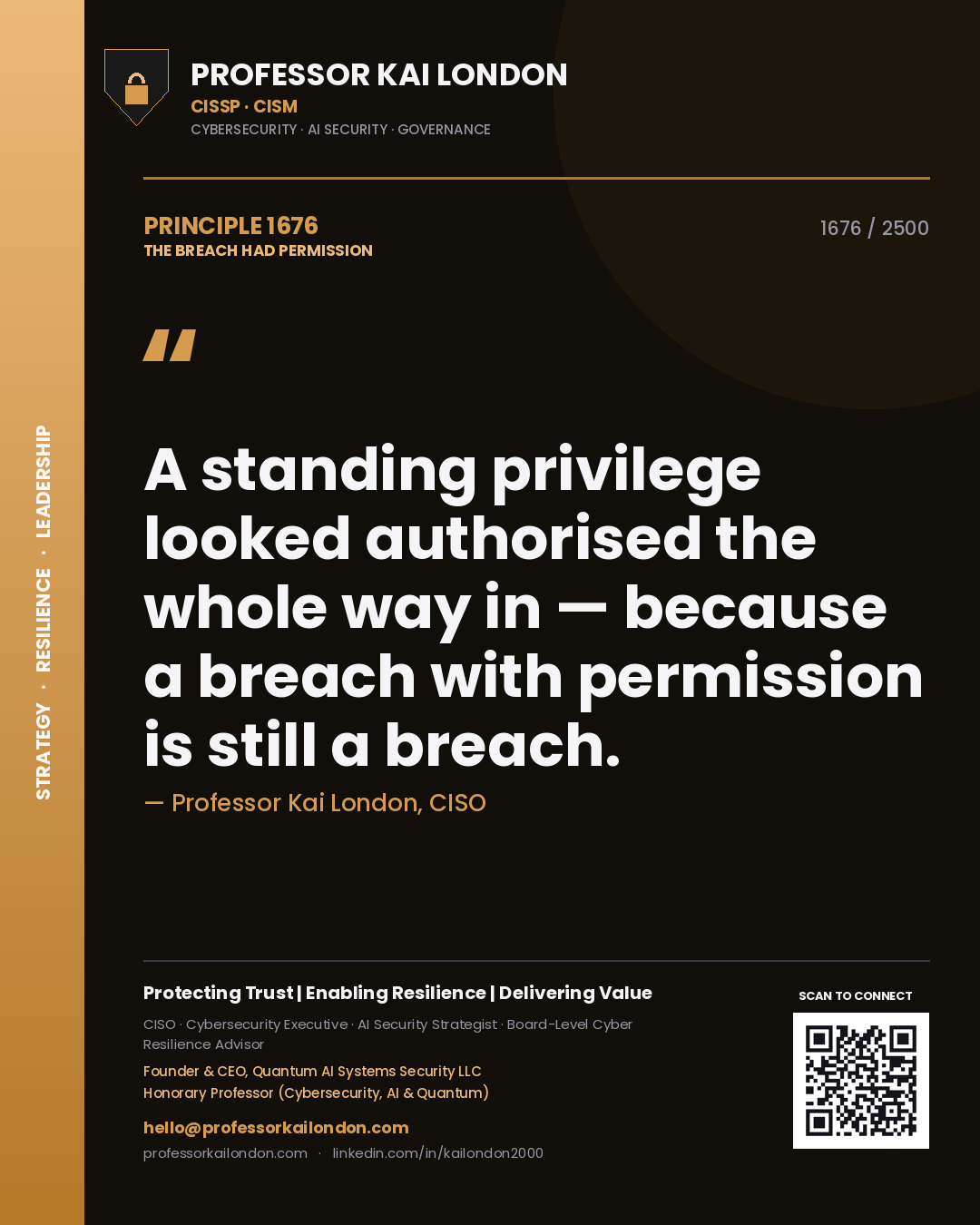 Quote card by Professor Kai London reading 'A standing privilege looked authorised the whole way in — because a breach with permission is still a breach.'. From the book The Breach Had Permission.