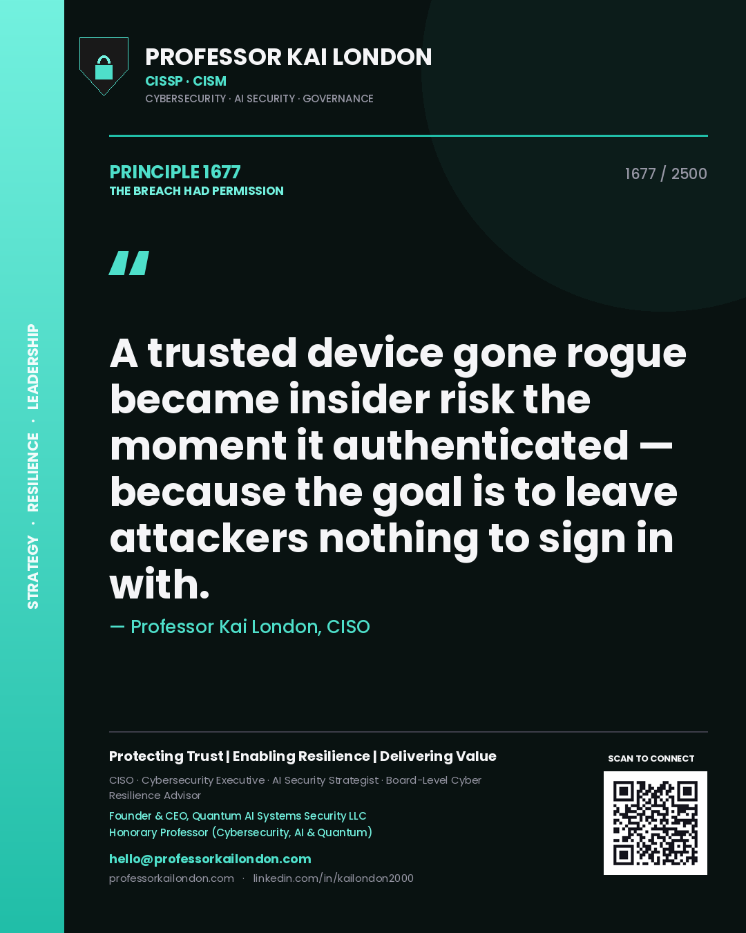 Quote card by Professor Kai London reading 'A trusted device gone rogue became insider risk the moment it authenticated — because the goal is to leave attackers nothing to sign in with.'. From the book The Breach Had Permission.