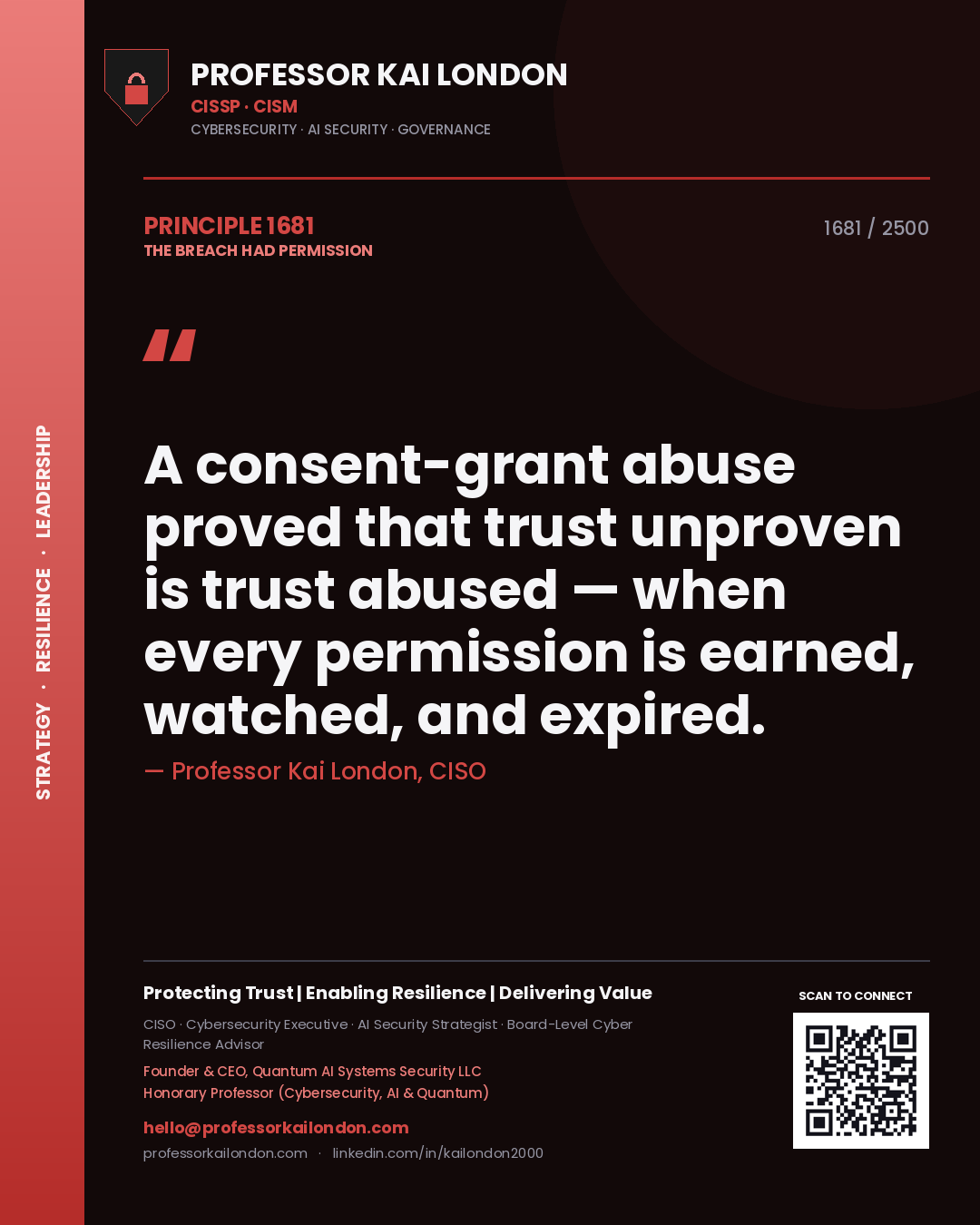 Quote card by Professor Kai London reading 'A consent-grant abuse proved that trust unproven is trust abused — when every permission is earned, watched, and expired.'. From the book The Breach Had Permission.