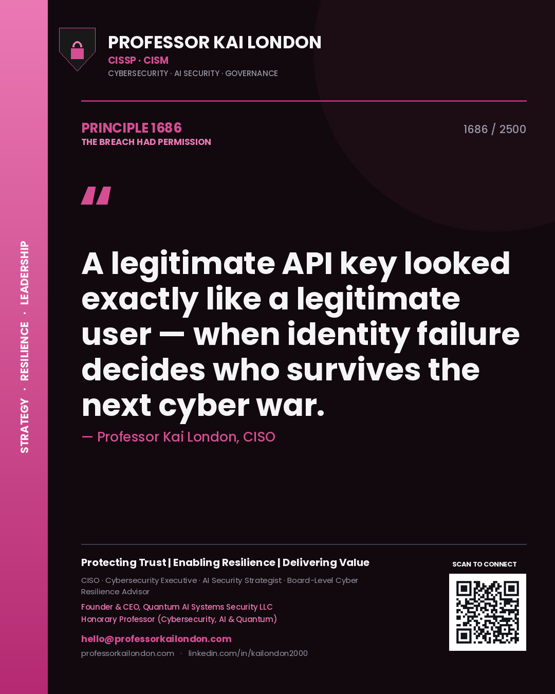 Professor Kai London principle 1686: A legitimate API key looked exactly like a legitimate user — when identity failure decides who survives the next cyber war.