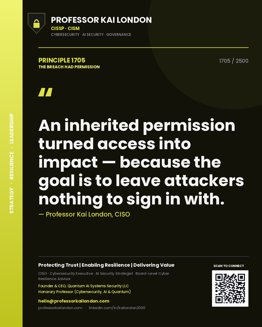 Quote card by Professor Kai London reading 'An inherited permission turned access into impact — because the goal is to leave attackers nothing to sign in with.'. From the book The Breach Had Permission.