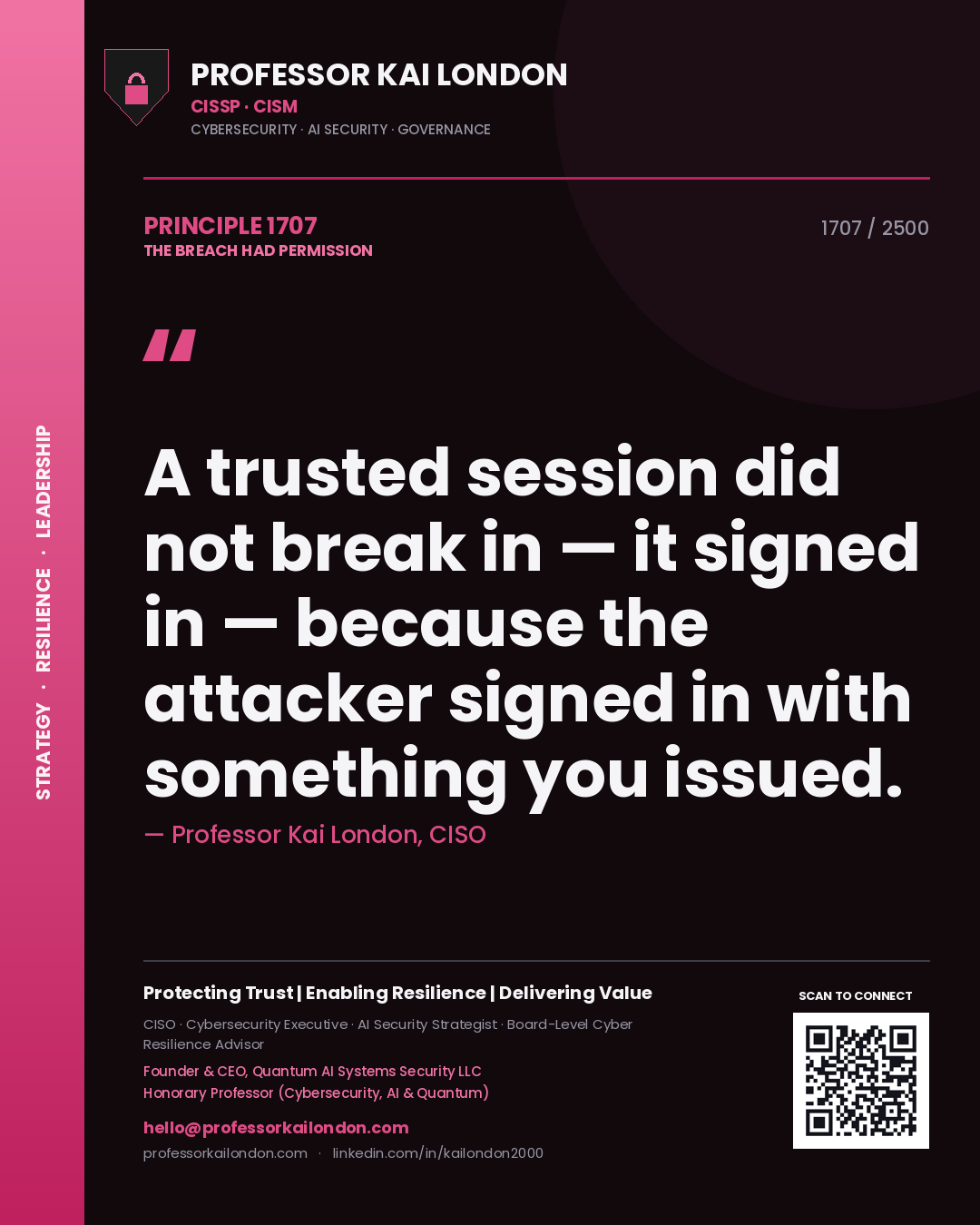 Professor Kai London principle 1707: A trusted session did not break in — it signed in — because the attacker signed in with something you issued.