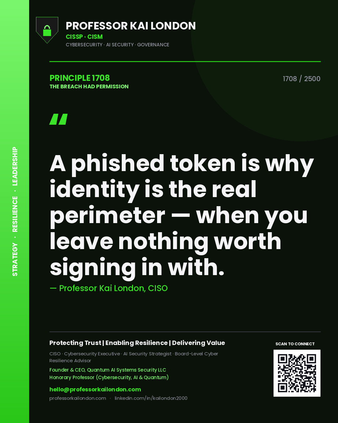 Quote card by Professor Kai London reading 'A phished token is why identity is the real perimeter — when you leave nothing worth signing in with.'. From the book The Breach Had Permission.