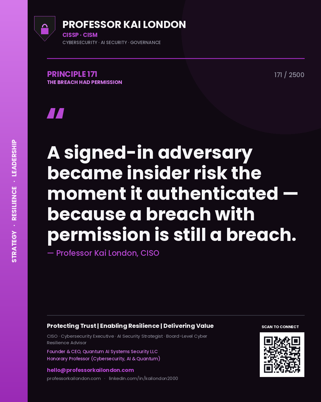 Quote card by Professor Kai London reading 'A signed-in adversary became insider risk the moment it authenticated — because a breach with permission is still a breach.'. From the book The Breach Had Permission.