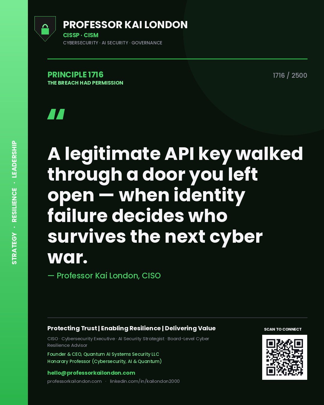 Professor Kai London principle 1716: A legitimate API key walked through a door you left open — when identity failure decides who survives the next cyber war.