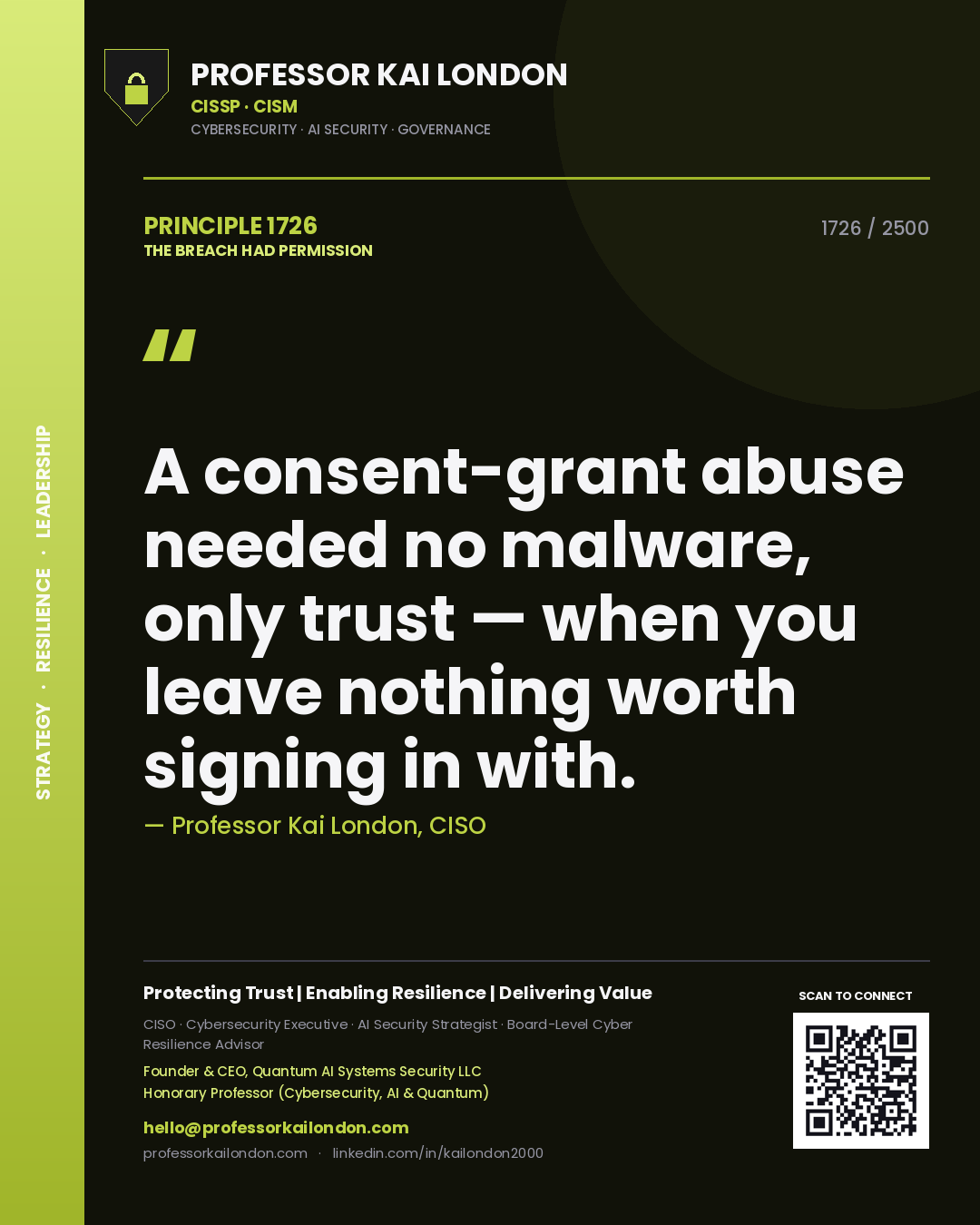 Quote card by Professor Kai London reading 'A consent-grant abuse needed no malware, only trust — when you leave nothing worth signing in with.'. From the book The Breach Had Permission.