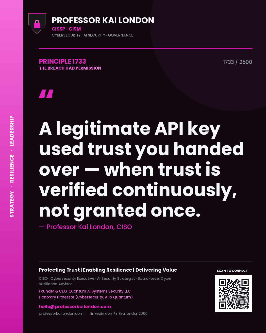 Quote card by Professor Kai London reading 'A legitimate API key used trust you handed over — when trust is verified continuously, not granted once.'. From the book The Breach Had Permission.