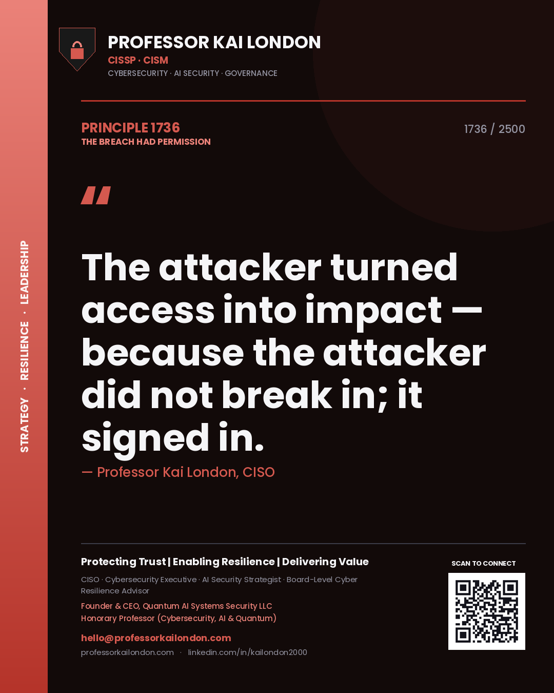 Quote card by Professor Kai London reading 'The attacker turned access into impact — because the attacker did not break in; it signed in.'. From the book The Breach Had Permission.