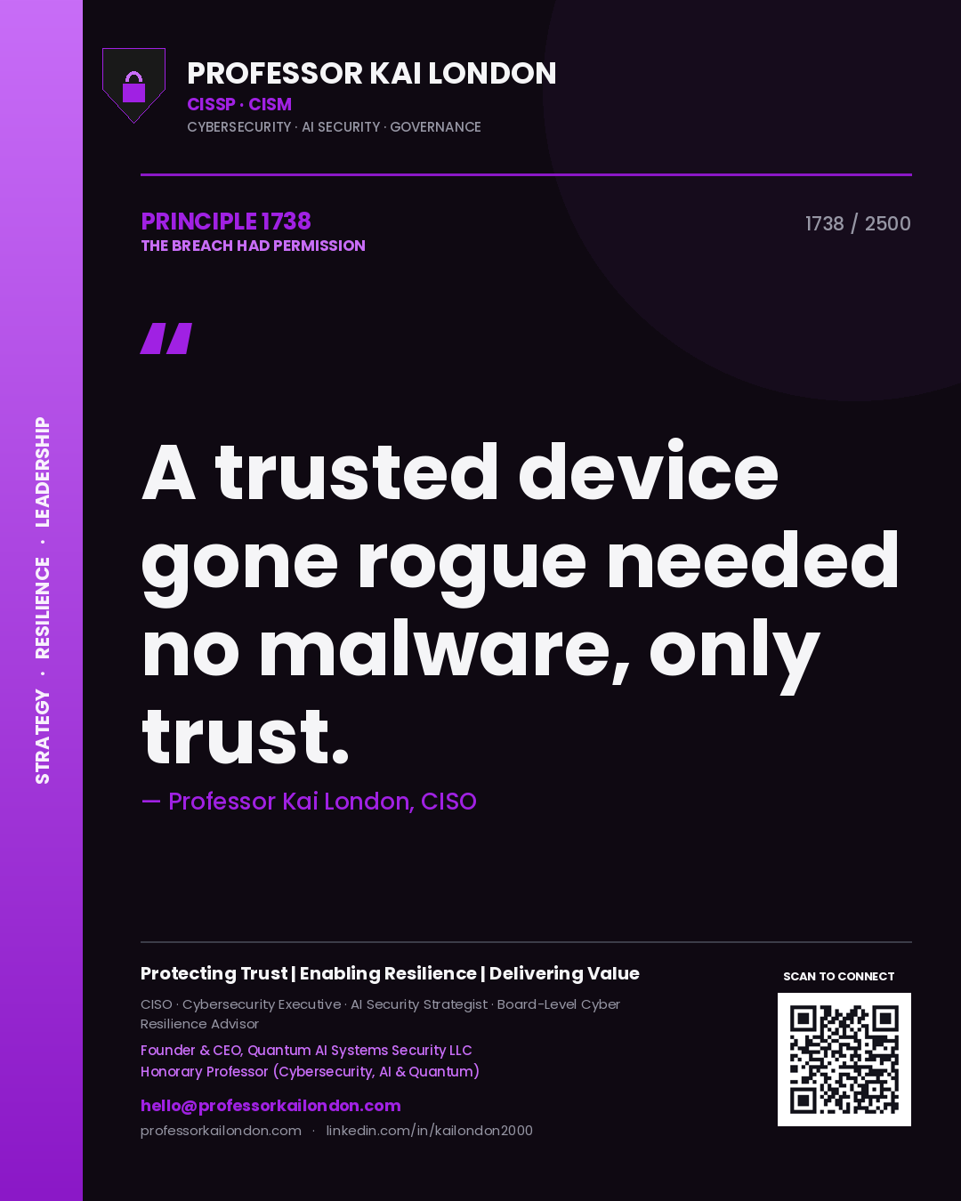 Quote card by Professor Kai London reading 'A trusted device gone rogue needed no malware, only trust.'. From the book The Breach Had Permission.