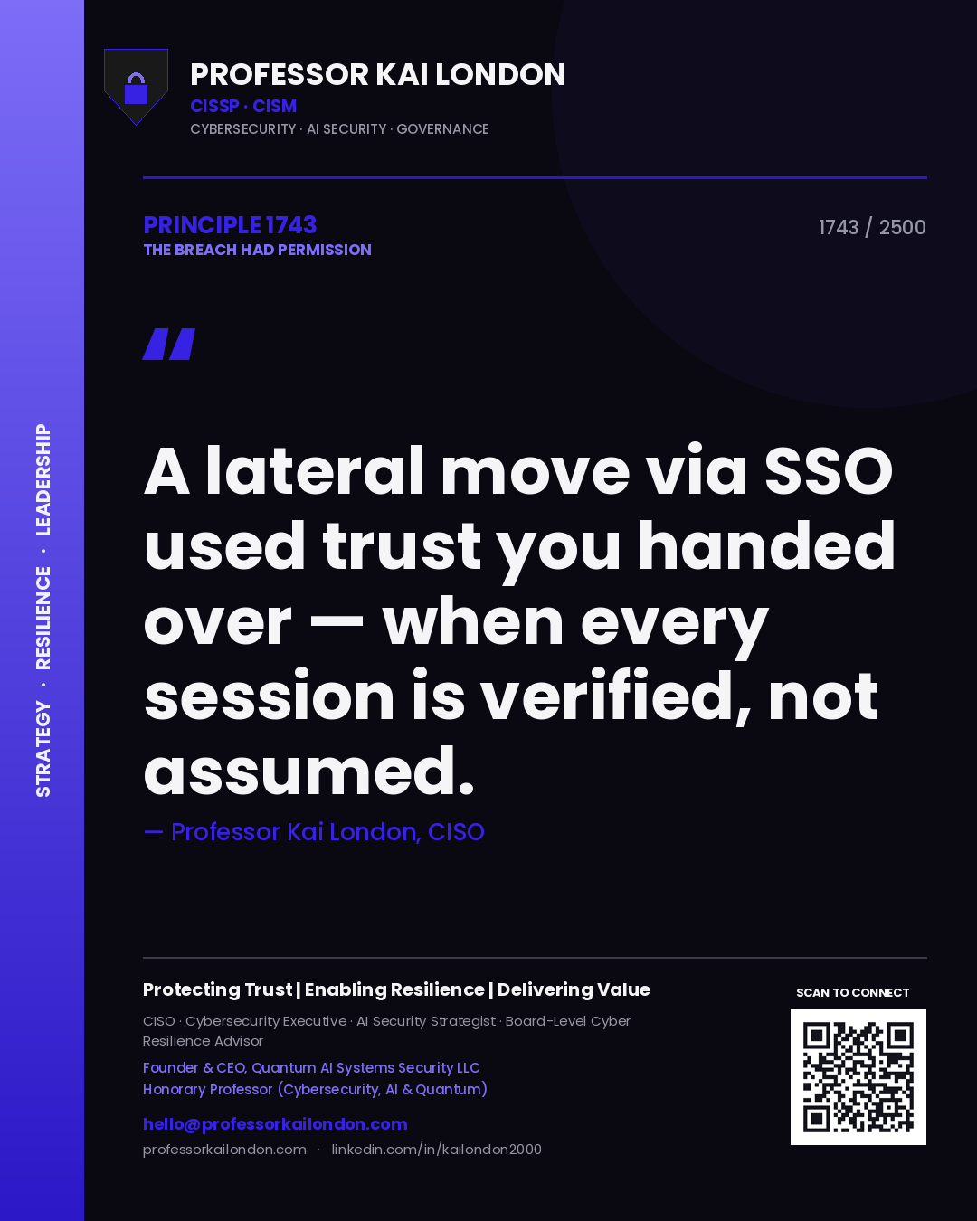 Quote card by Professor Kai London reading 'A lateral move via SSO used trust you handed over — when every session is verified, not assumed.'. From the book The Breach Had Permission.