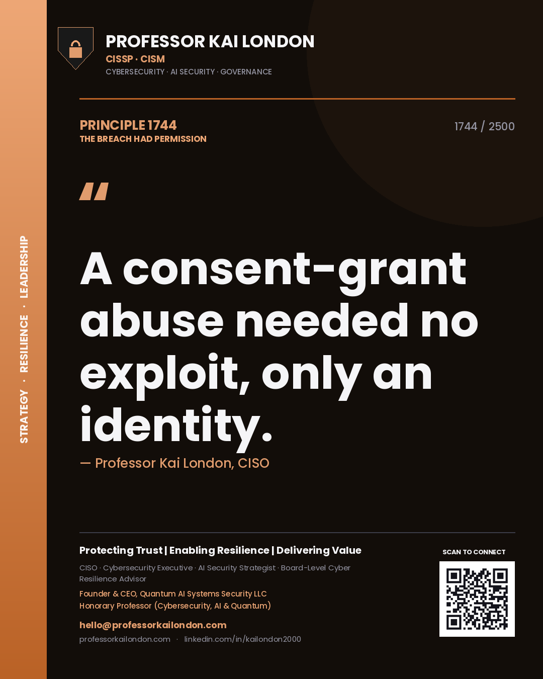 Quote card by Professor Kai London reading 'A consent-grant abuse needed no exploit, only an identity.'. From the book The Breach Had Permission.