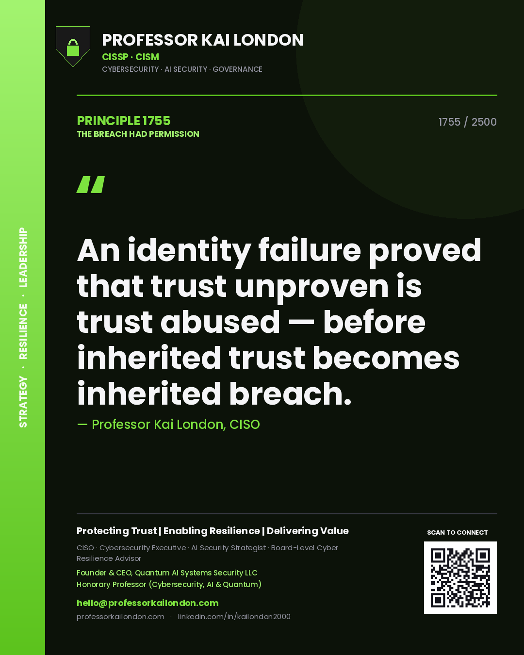 Quote card by Professor Kai London reading 'An identity failure proved that trust unproven is trust abused — before inherited trust becomes inherited breach.'. From the book The Breach Had Permission.