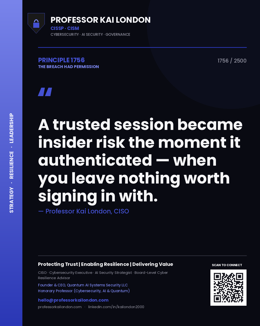 Quote card by Professor Kai London reading 'A trusted session became insider risk the moment it authenticated — when you leave nothing worth signing in with.'. From the book The Breach Had Permission.
